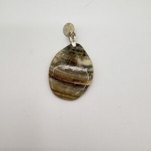 Low Tide Sterling Silver Pendant Polished Petrified Wood Cabochon Signed‎